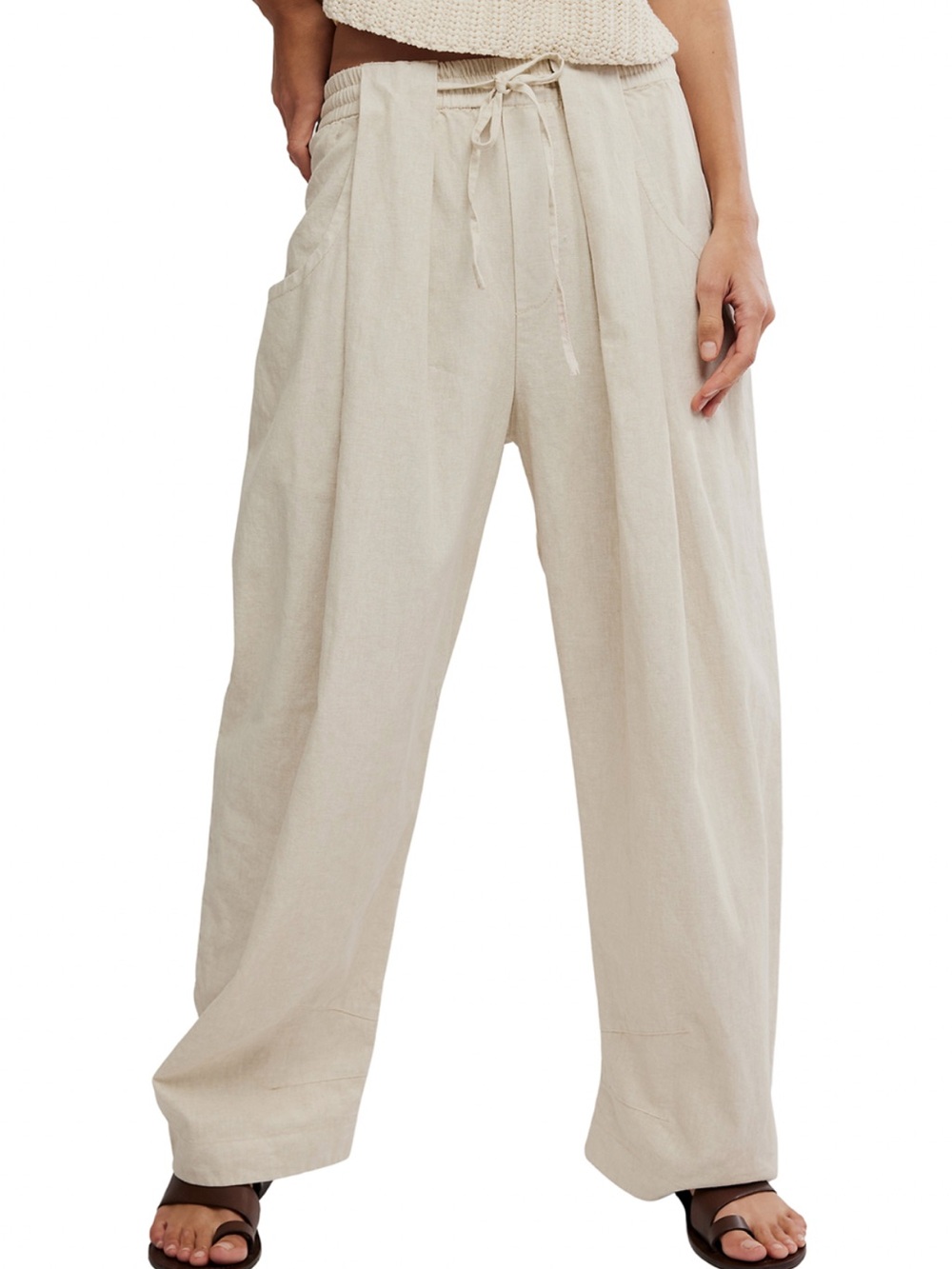 Free People Chambers Laid Back Linen-Blend Wide Leg Drawstring Pants Sz M NWT
